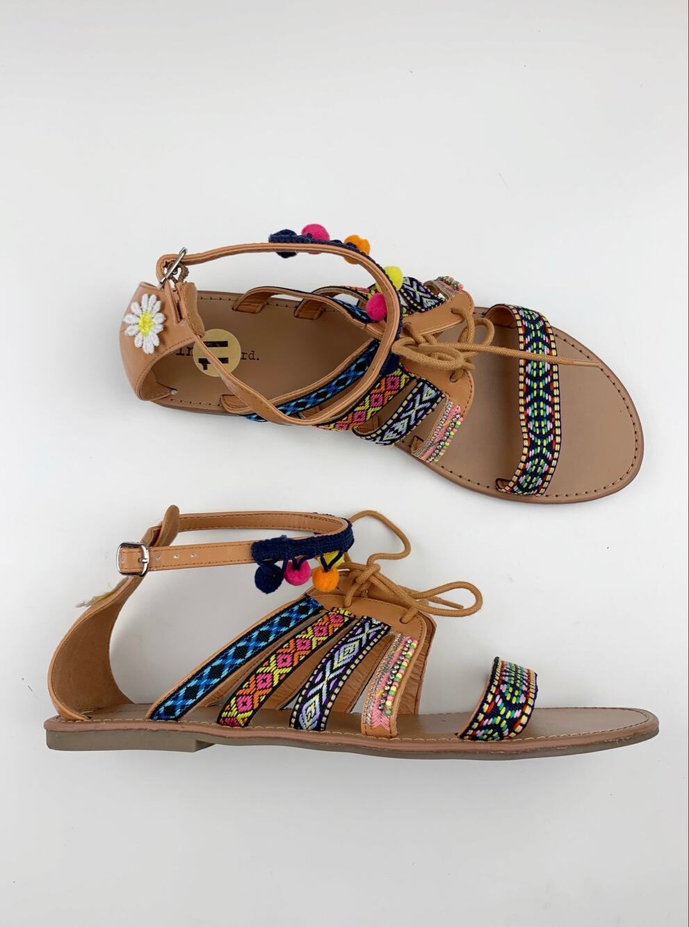 Indigo Road Colorful Boho Gladiator Sandals Lace Up Embroidered Pom Pom Women 11